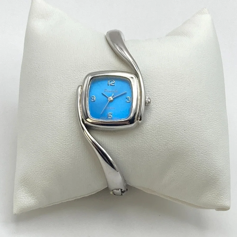 Panache Women's Watch Silver Tone Cuff Asymmetrical Blue New Battery SMALL 6